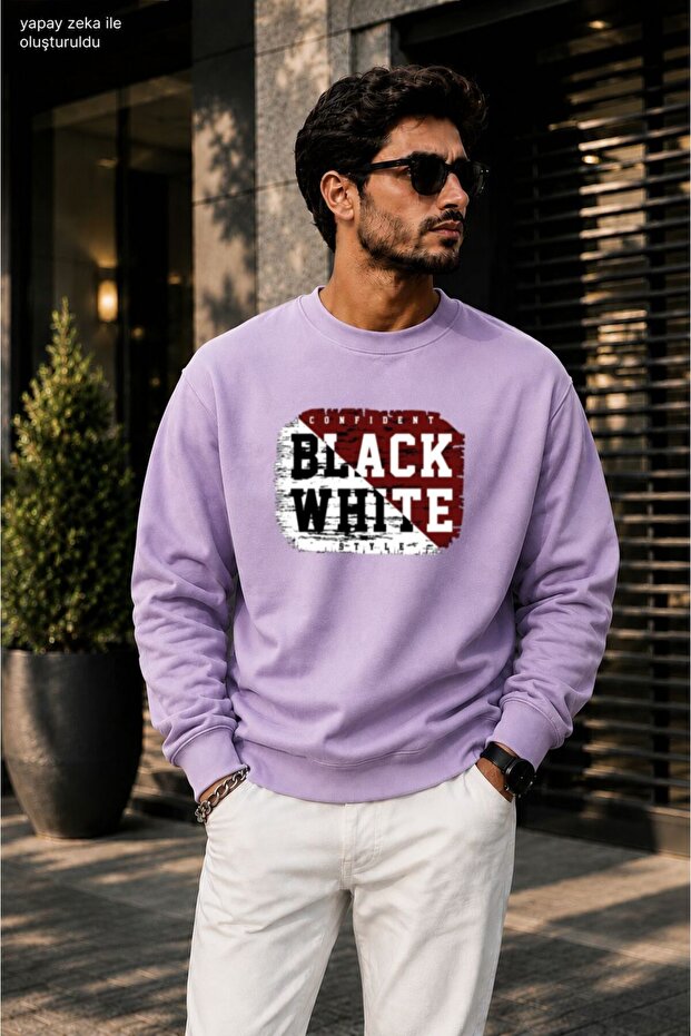 Men's Black White Confident Style Typography Printed Cycling Round Neck Casual Sweatshirt