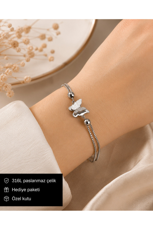 316L Stainless Steel Butterfly Figured Women's Bracelet Double Chain Stylish Design