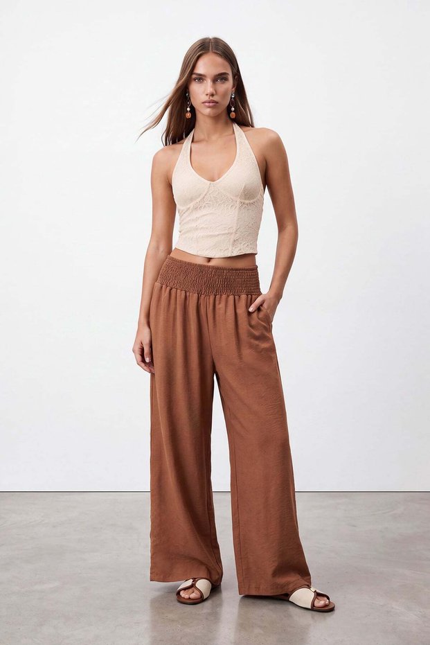 Women's Cinnamon Waist Pleated Cuffed Pants with Lace Detail Alc-X15592