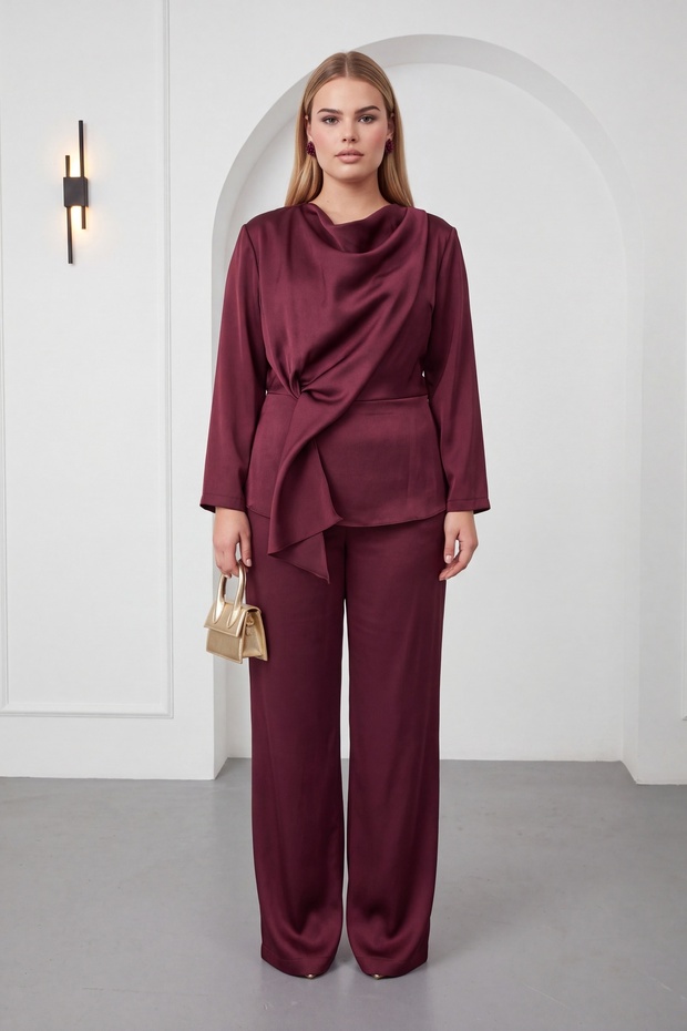 Women's Burgundy Degaje Collar Plus Size Blouse Pants Set
