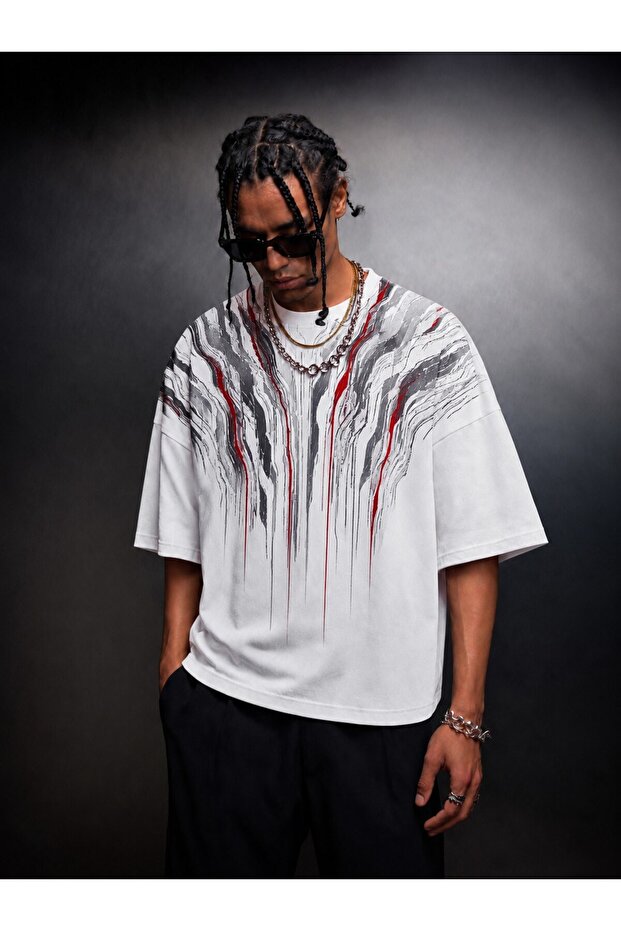 Men's White Vein Printed Oversize Tshirt