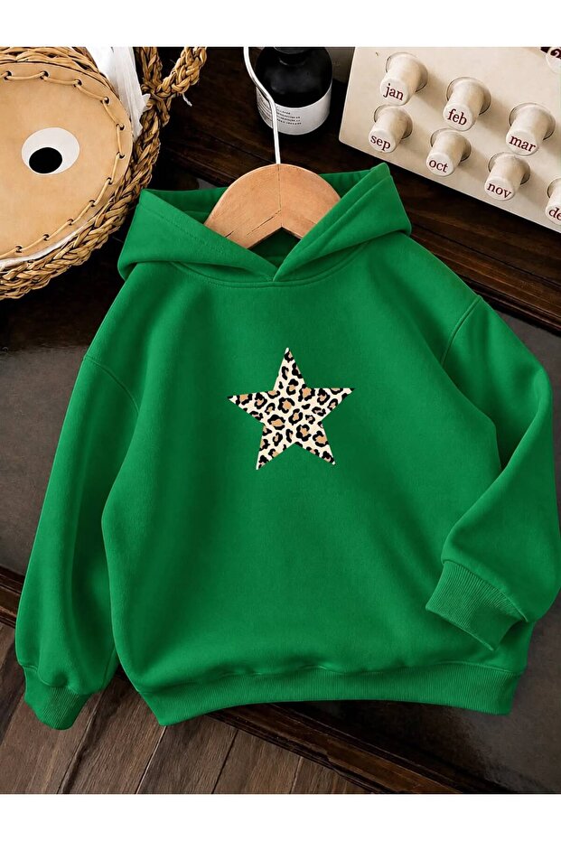 3 Yarn Combed Cotton Star Leopard Patterned Unisex Children's Hooded Sweatwear We2