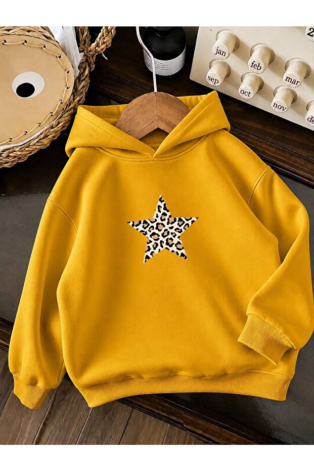 3 Yarn Combed Cotton Star Leopard Patterned Unisex Children's Hooded Sweatwear We2