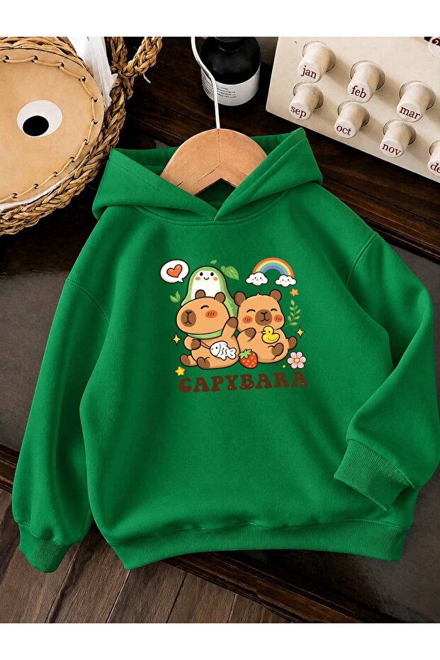 3 Yarn Combed Cotton Capybara Printed Unisex Children's Hooded Sweatwear We5