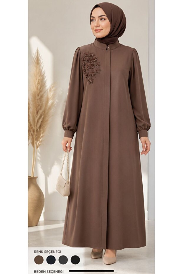 Payi̇ni̇-Women's Hijab Ferace with Zipper, Stone Embroidered Balloon Sleeves, Long