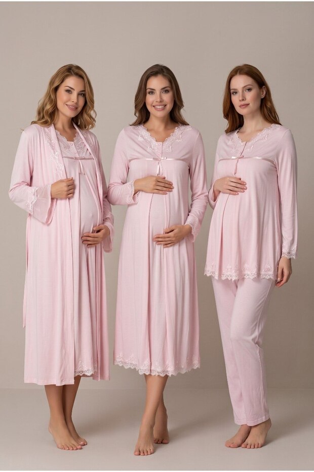 Women's Powder Lace Long Sleeve Maternity Pajama Nightgown Set with Easy Breastfeeding Feature