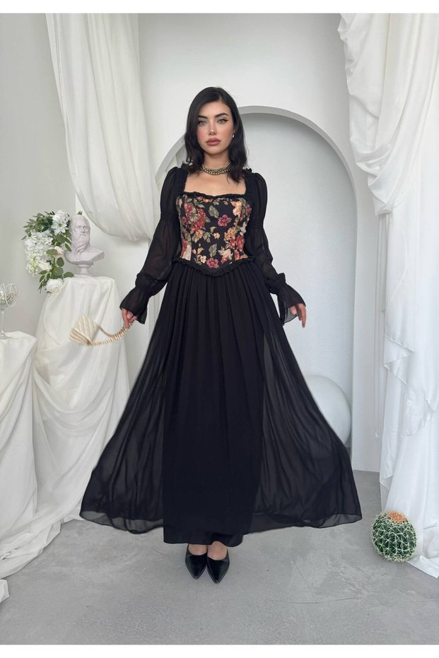 Women's Floral Corset Detailed Tulle Sleeve Midi Dress