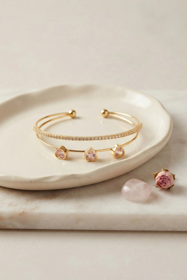 Pink Heart Model Zircon Stone Gold Color Women's Bracelet