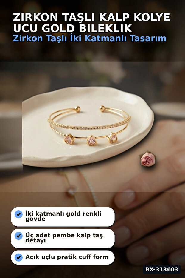 Zircon Stone Heart Pendant Gold Bracelet - Brass Material Women's Accessory Bx-313603
