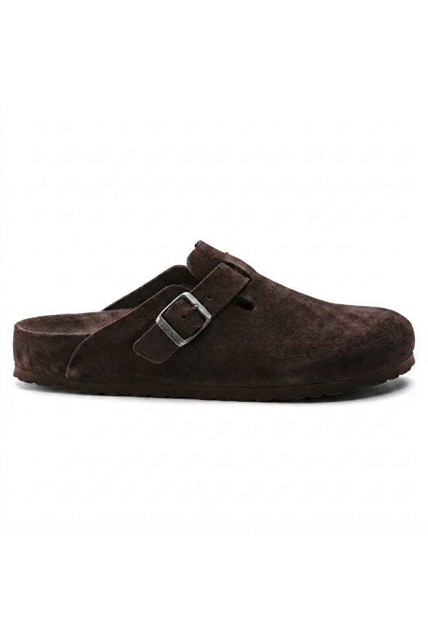 Mk406 Dark Brown Genuine Suede Leather Full Covered Cork Sole Single Buckle Unisex Orthopedic Sabo Slippers
