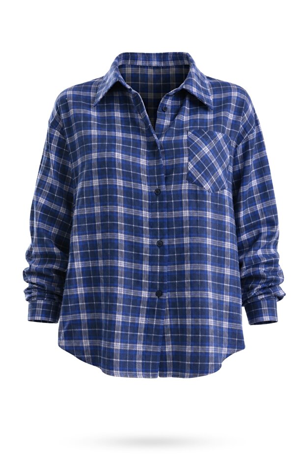 Navy Blue Plaid Pattern Pocketed Shirt 02491