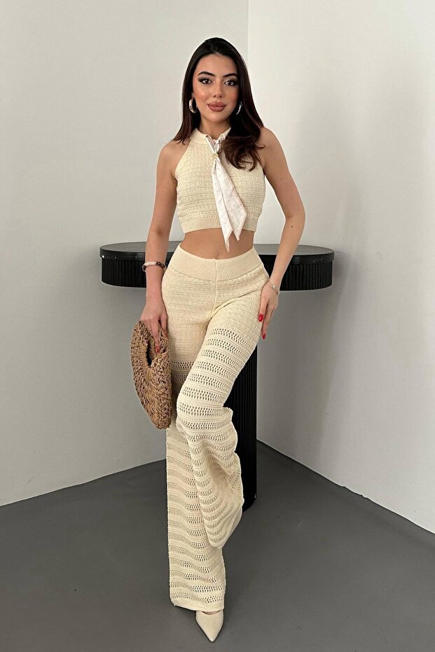 Beige Shawl Detail Knitwear Set