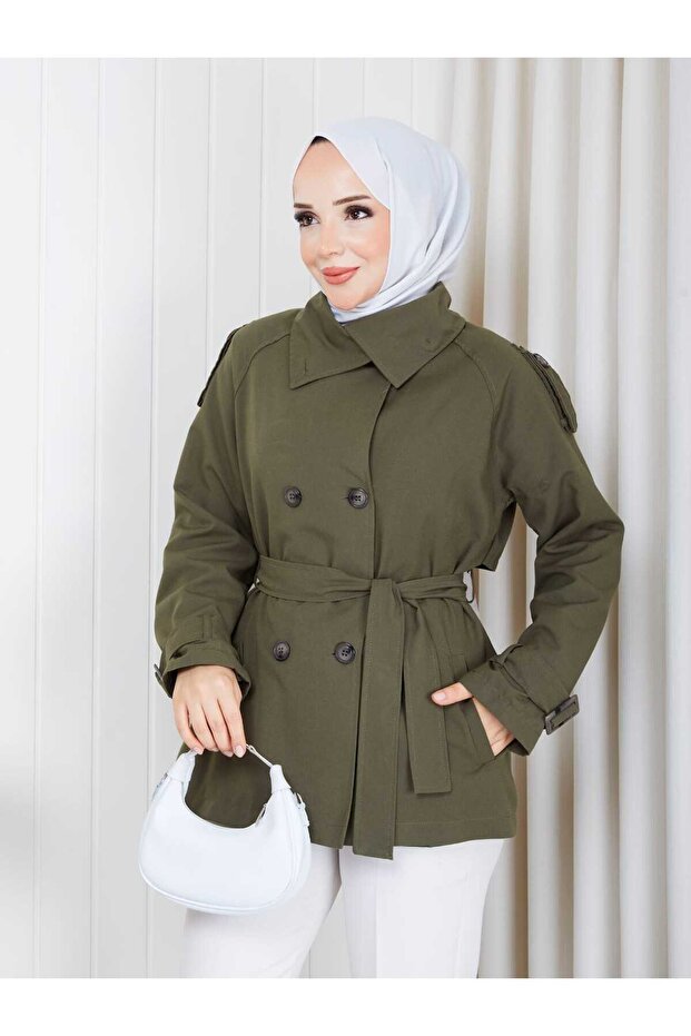Linen Fabric Stand Collar Double Breasted Women's Trench Coat