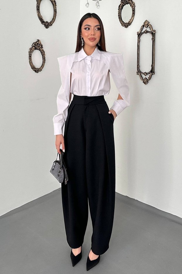 Black pleated atlas trousers
