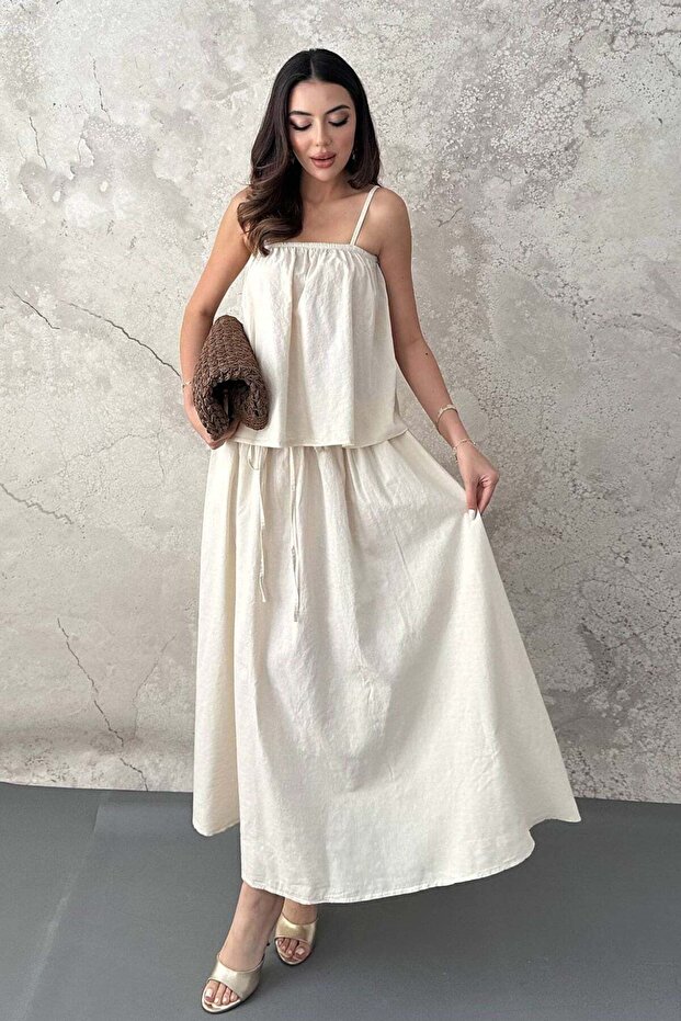Beige Flounce Blouse and Skirt Set