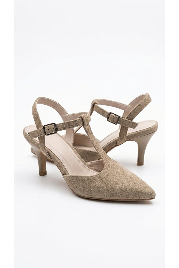 Open Back Beige Straw Women's Heeled Evening Dress Shoes with Center Post