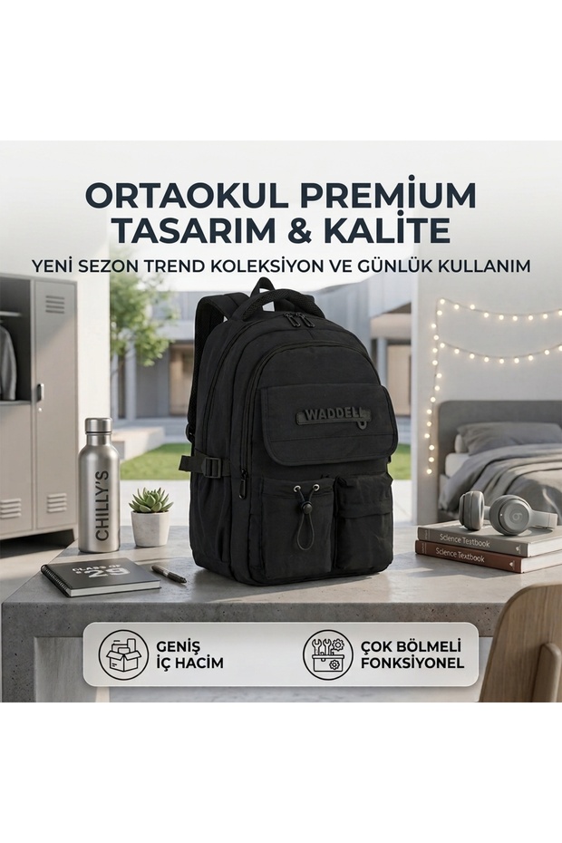 Black Multi-Compartment Ergonomic Waterproof Orthopedic School Backpack Primary and Secondary School Bag with Wallet Gift