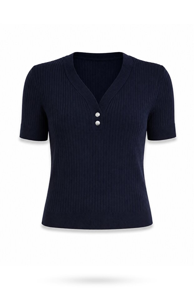 Navy Blue Corded Short Sleeve Knitwear 251333