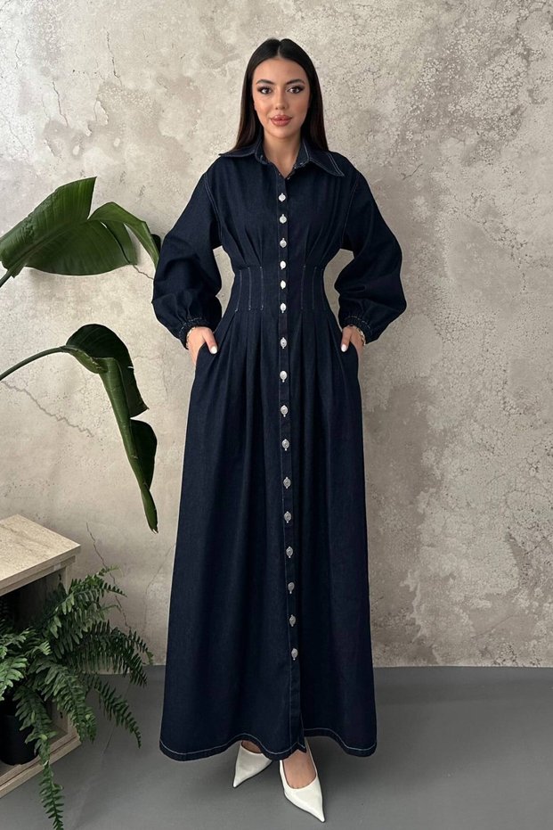 Blue Pleated Denim Dress with Waist