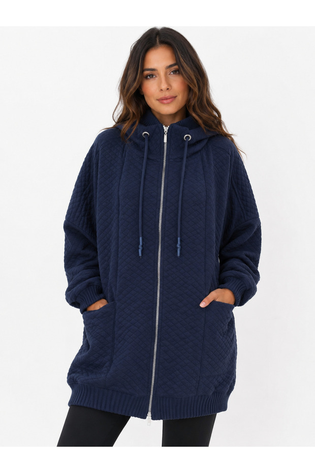 Women's Navy Blue Hooded Oversize Knitwear Cardigan