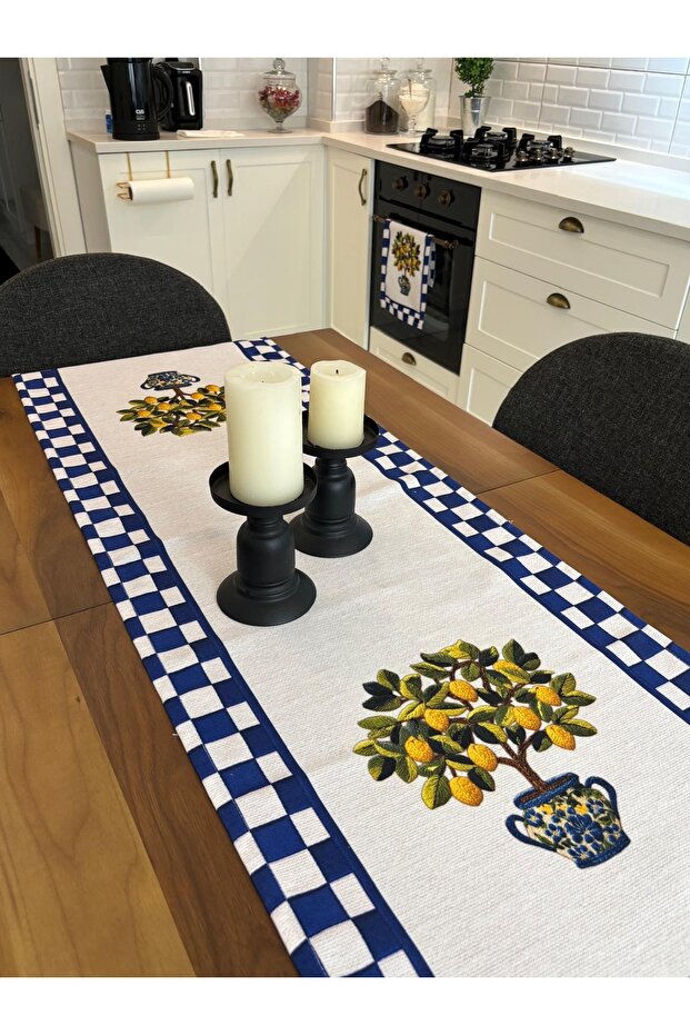 2-Piece Lemon Blue Checkered Kitchen Set Runner and Oven Cover Runner Presentation Lemon