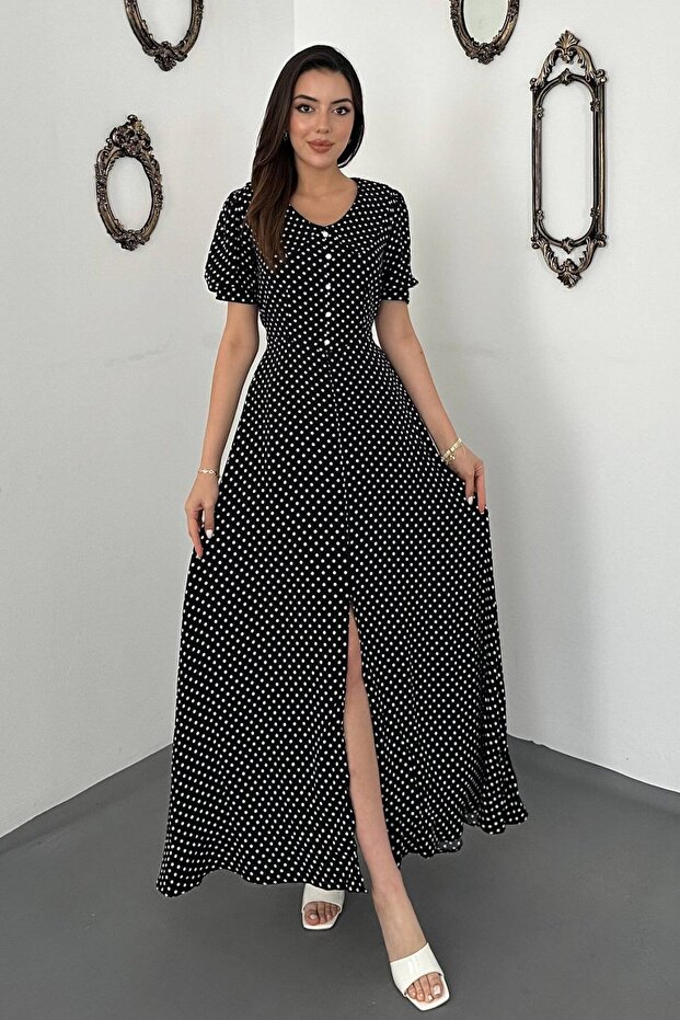 Black polka dot flared dress