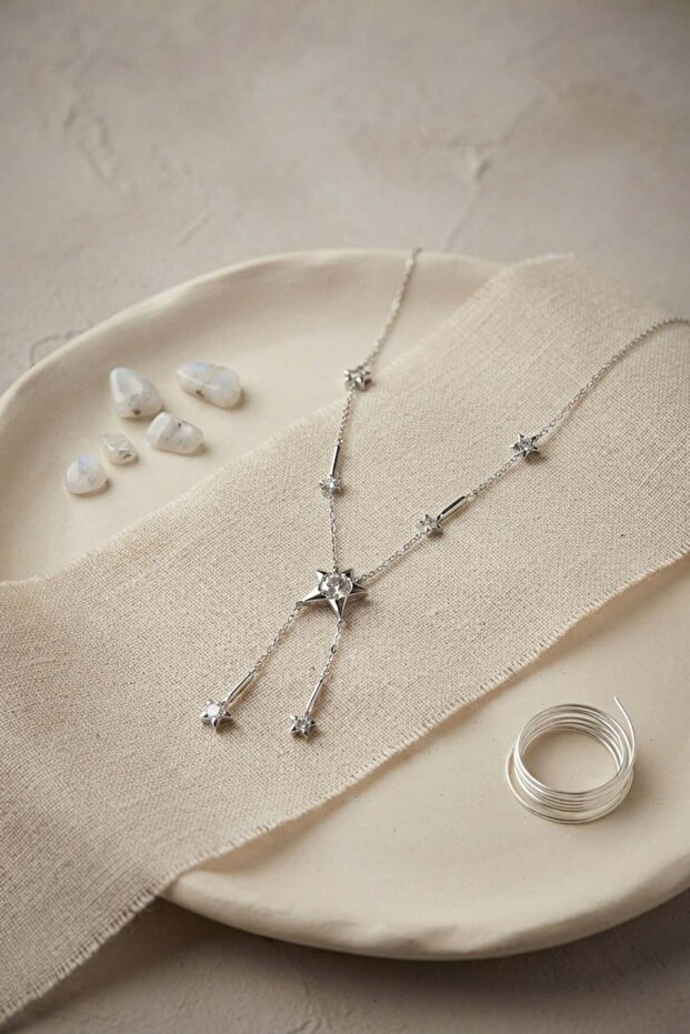 Brass Silver Color Zircon Stone Star Model Women's Necklace