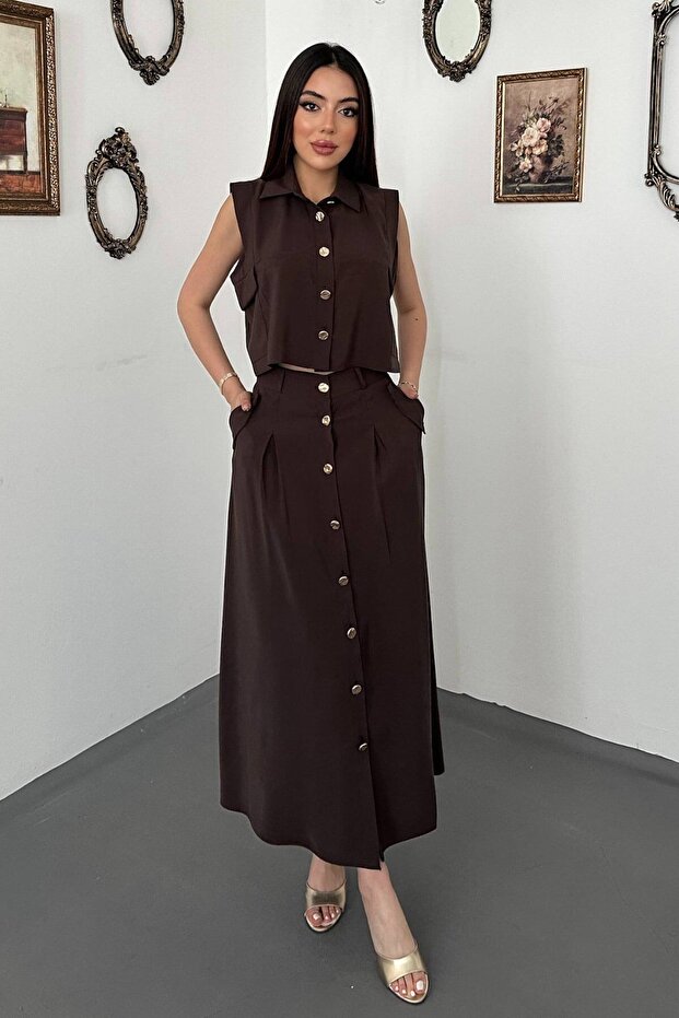 Brown Vest Skirt Set