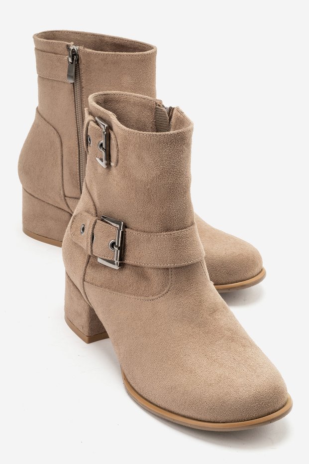 Hope Women's Beige Suede Zippered Heeled Boots with Buckle Accessories