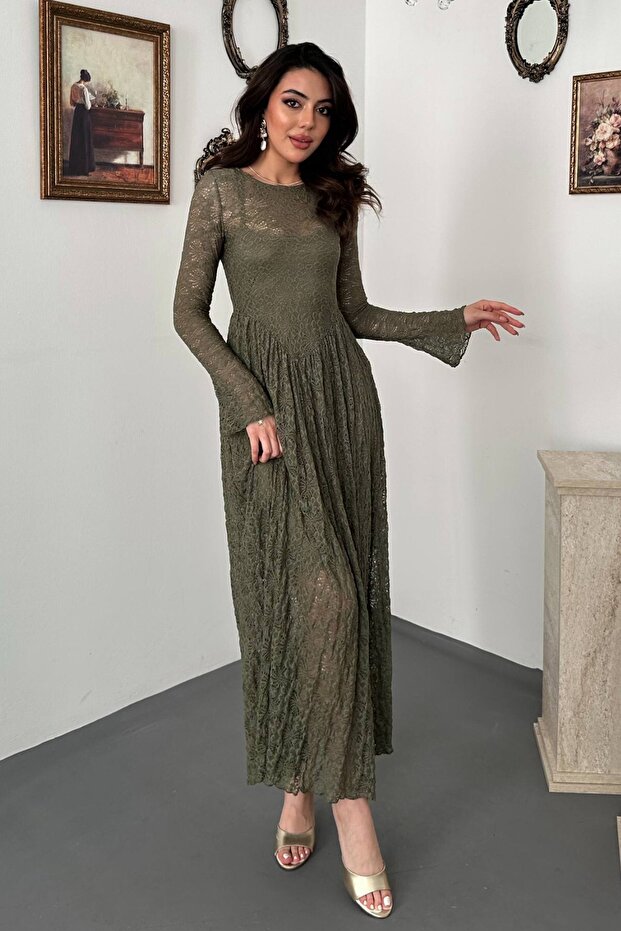 Khaki Lined Long Sleeve Lace Dress