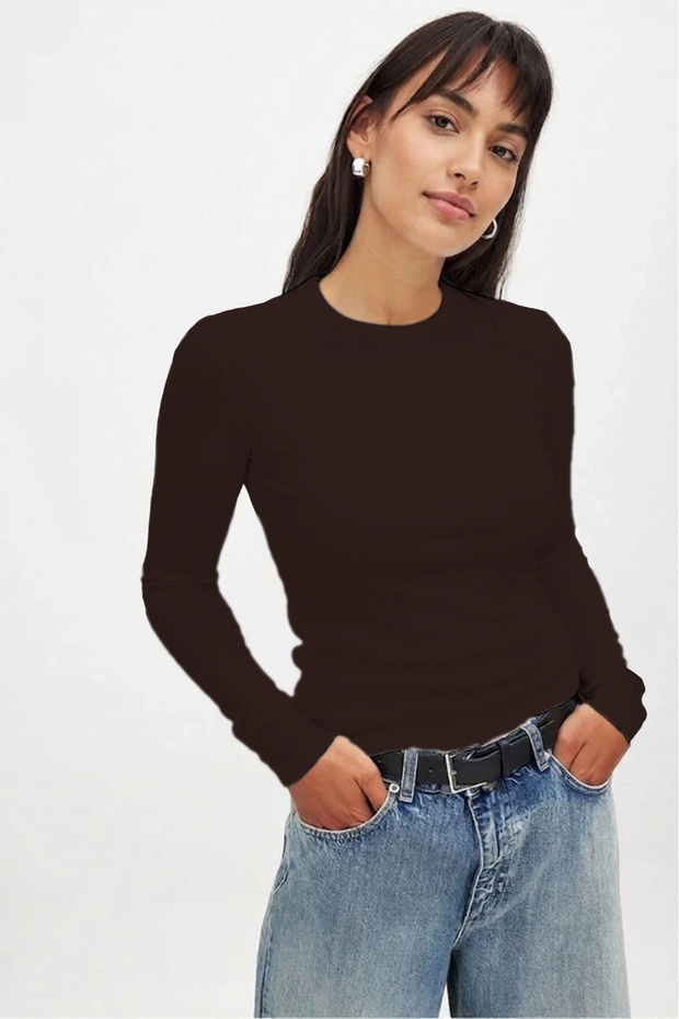 Women's Bitter Coffee Long Sleeve Crew Neck T-Shirt Blouse Camisole Ribbed