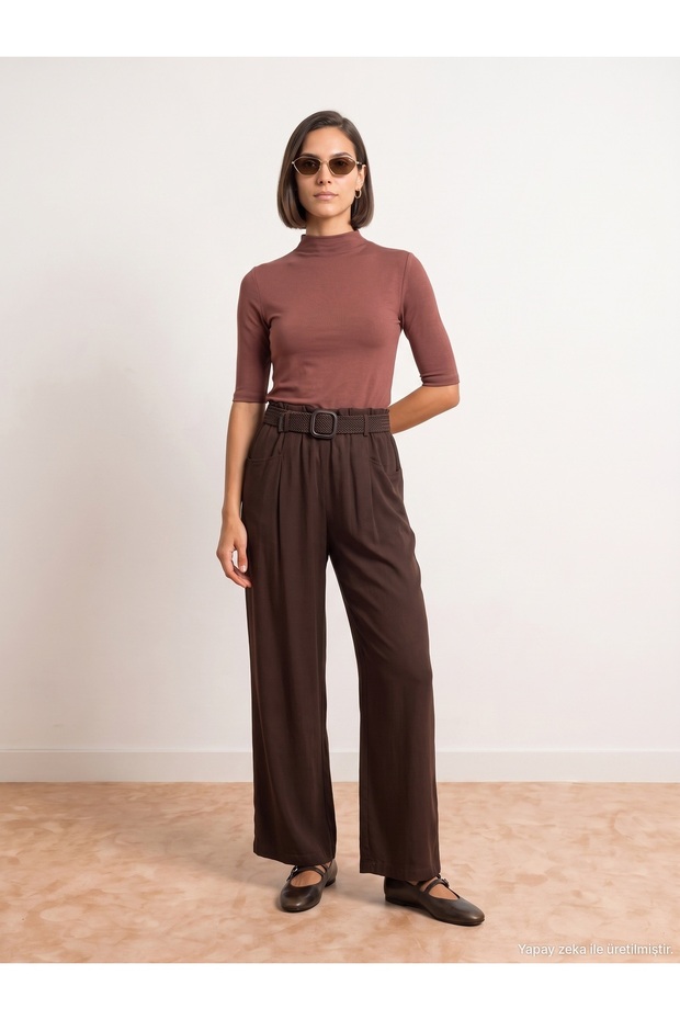 72756 100% Lyocell Draped Trousers-Brown