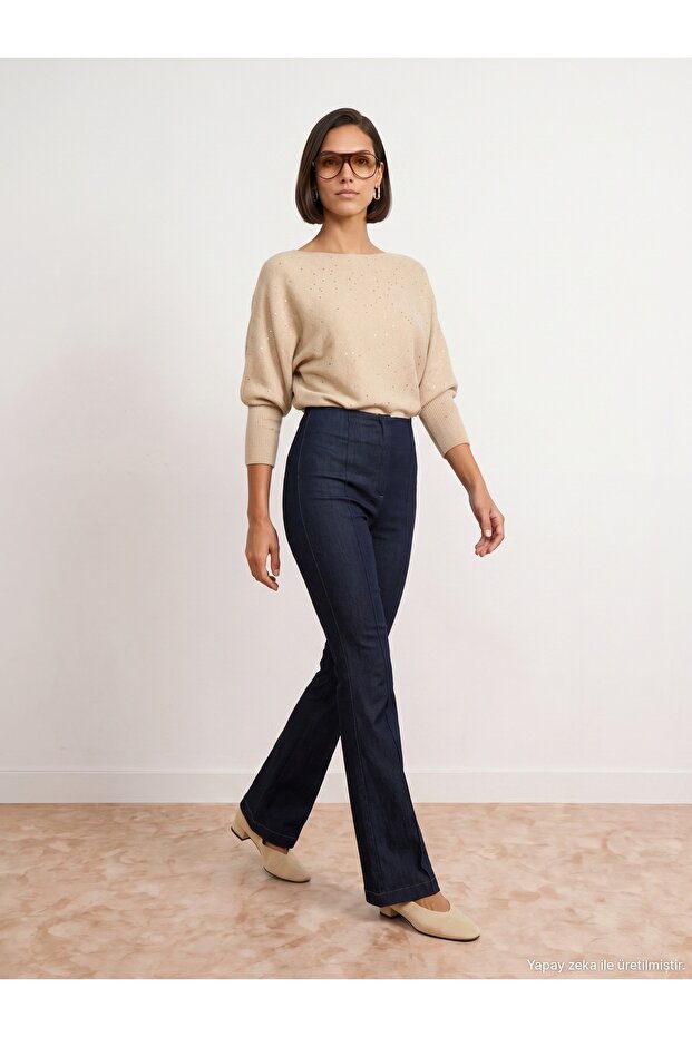 72709 Stitched Spanish Flare Pants-Navy Blue