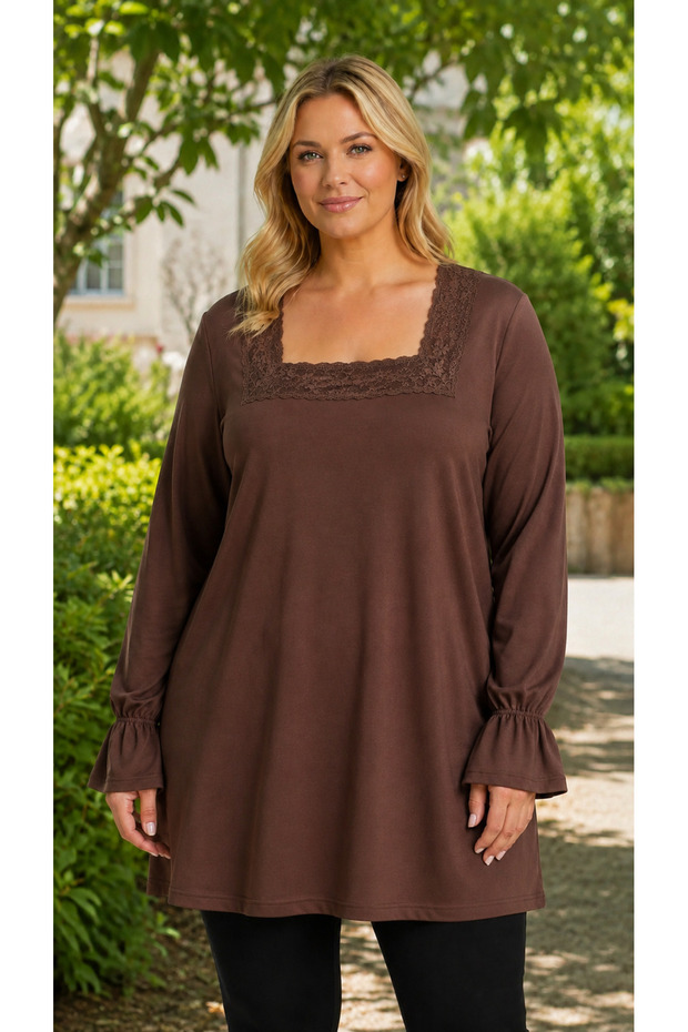 Women's Plus Size Coffee Lace Square Neck Uzunkol Blouse