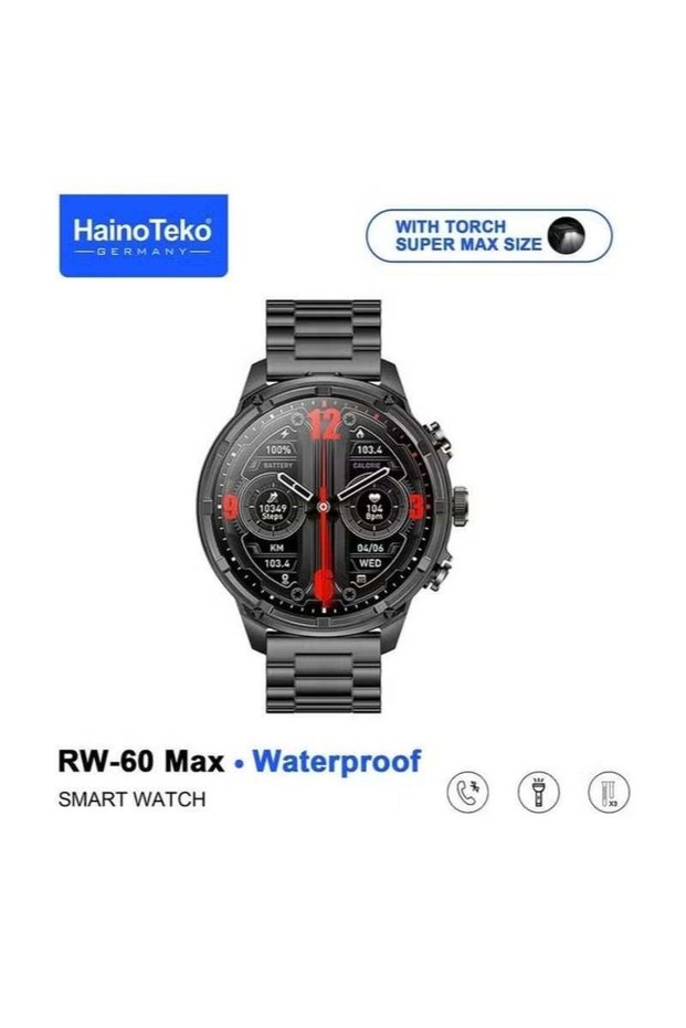 RW-60 Max Smartwatch for Men, AMOLED Display, LED Torch Light, Bluetooth Calling, Fitness Tracker, Heart Rate Monitor, Waterproof Design, Long Battery Life, 3 Strap Set – Black