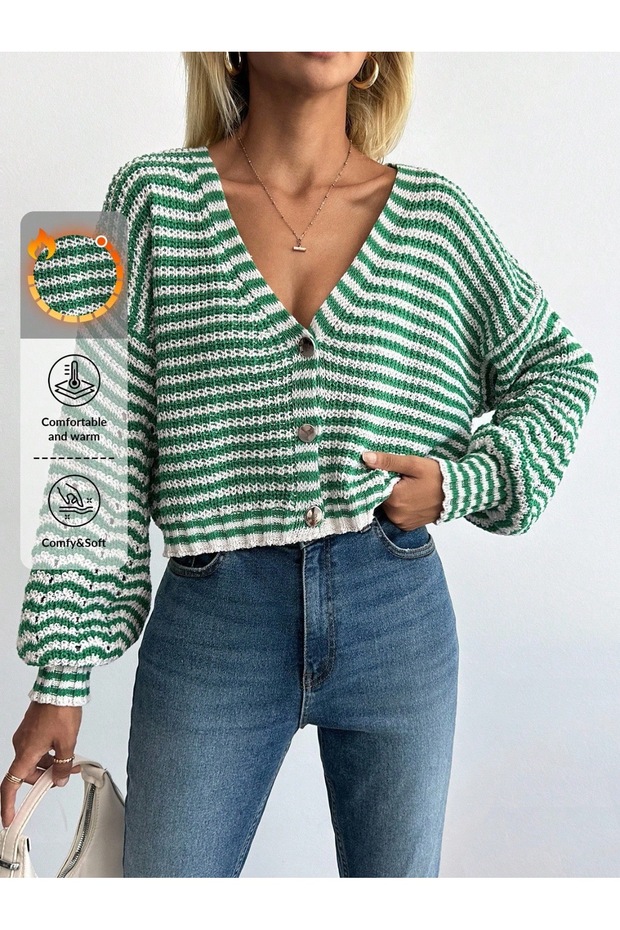 Women's Striped Knitwear V-Neck Buttoned Front Cardigan