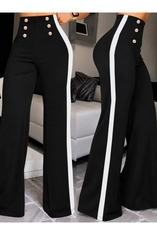 Women's high-waisted, button-front, side-stripe detail, gradually flared imported crepe pants.