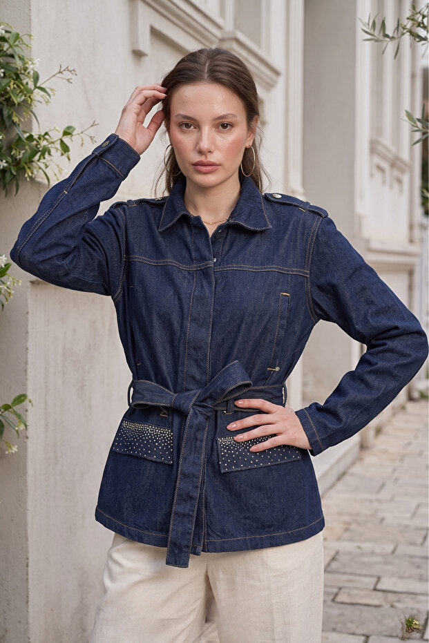 Stone Detailed Printed Denim Jacket