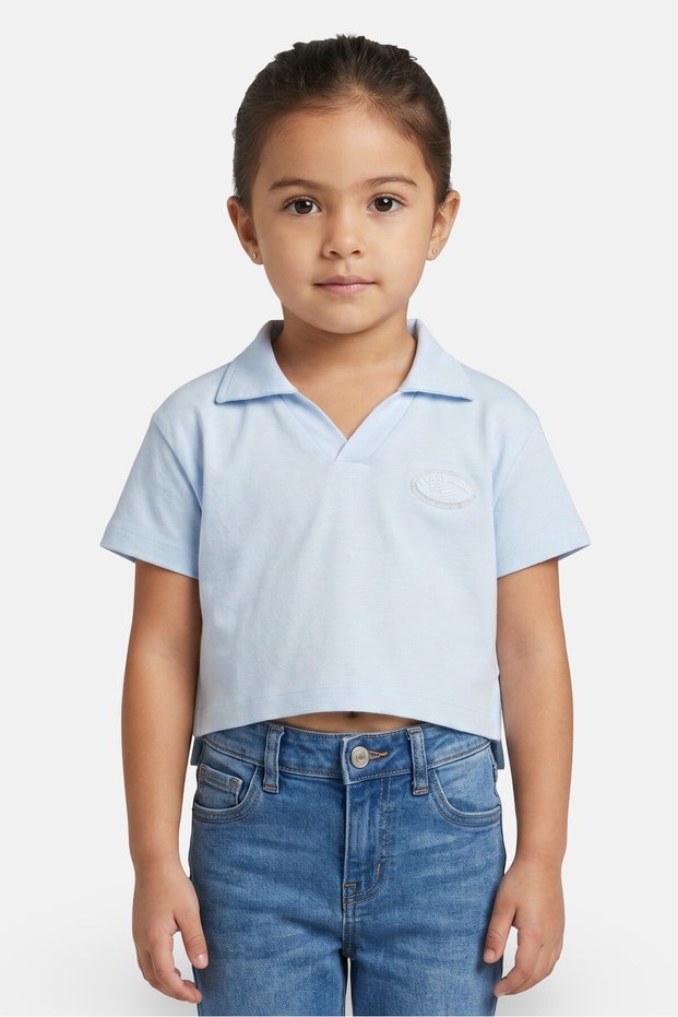 America Toddlers Girl Brand Logo Short Sleeve Polo Shirt, Light Blue