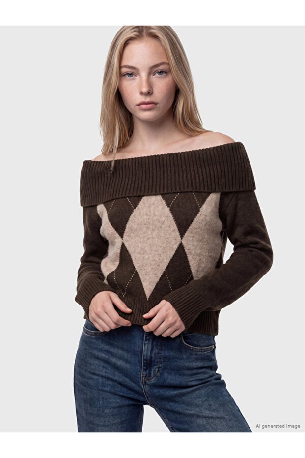 Rmz Gi̇yi̇m Farkiyla Wide Roba Collar Diamond Motif Women's Knitwear Sweater