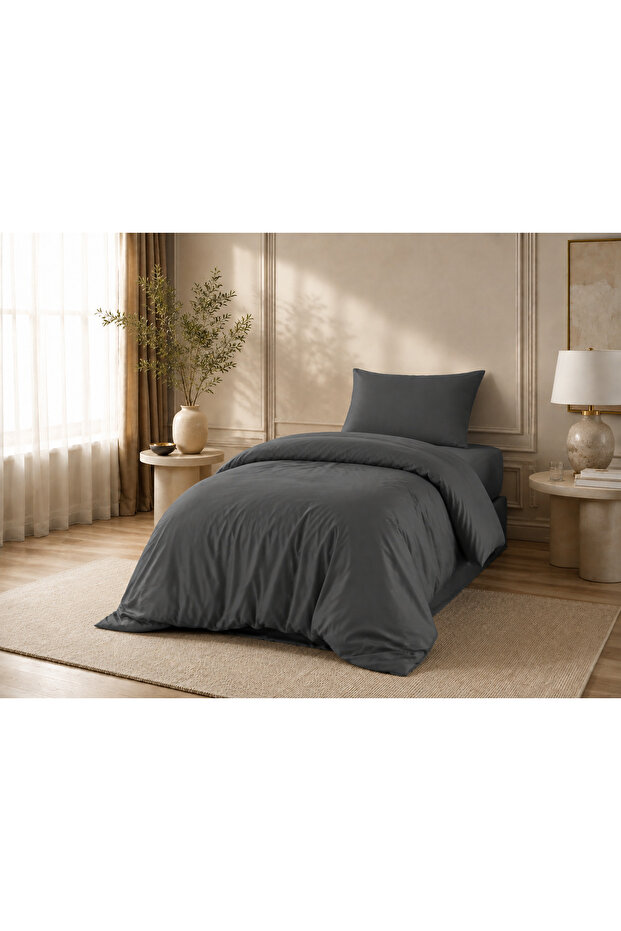 طقم غطاء لحاف مفرد 100% قطن 55 خيط مع ملاءة مطاطية 3 قطع أنثراسايت