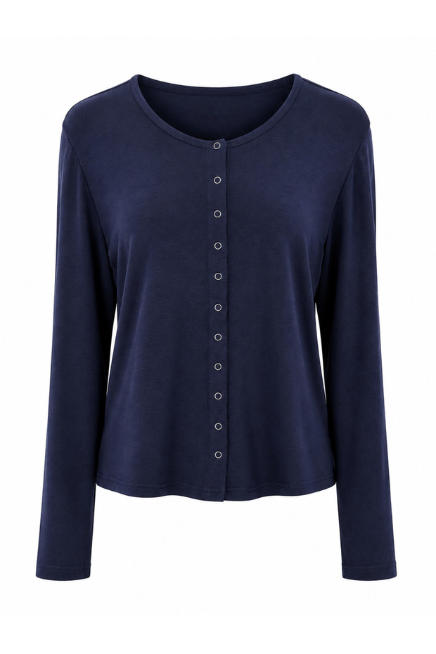 Navy Blue Full Length Snap Modal Blouse