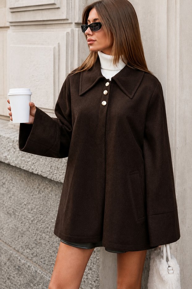 Women's Brown Cashmere Oversize Wide Collar Gold Buttoned Coat