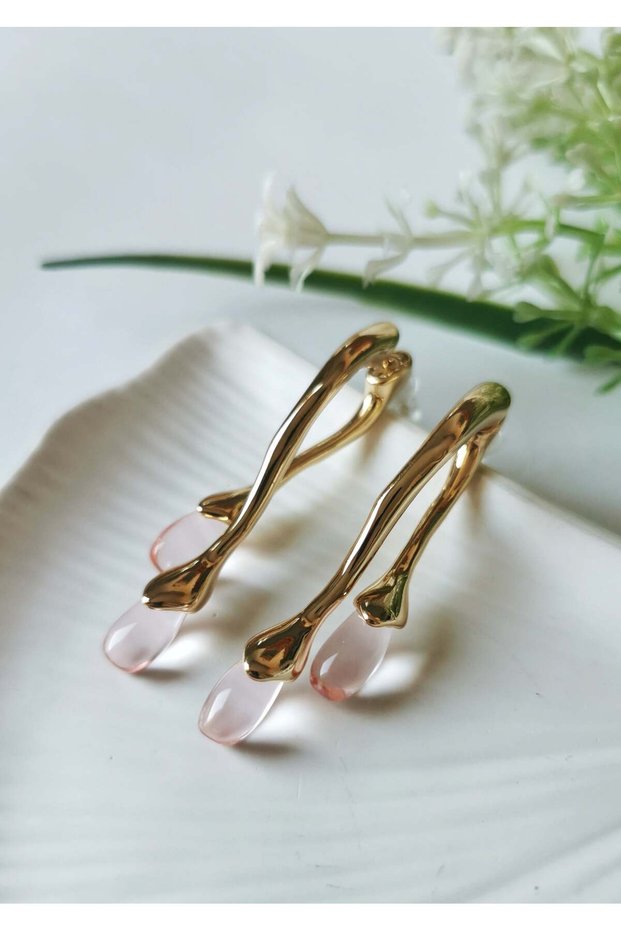 Gold Pink Stone Steel Drop Earrings 5 cm
