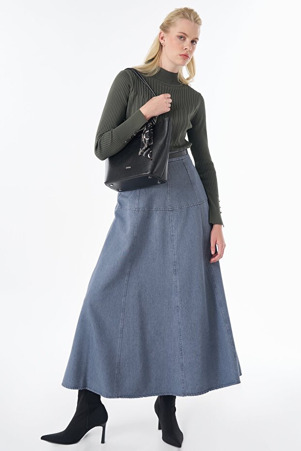 High Waist Patchwork Skirt Blue