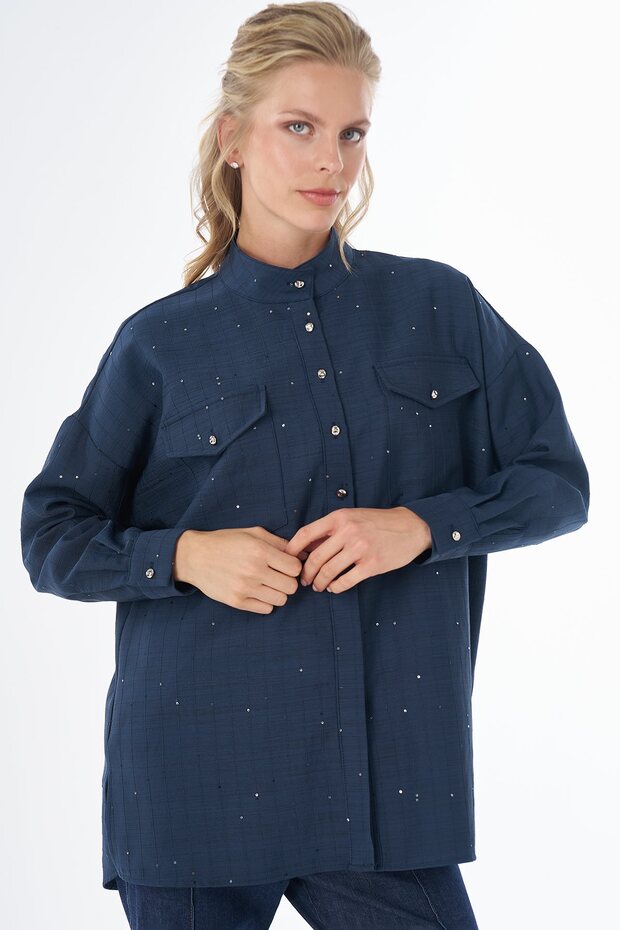 Double Pocket High Collar Blouse Navy Blue
