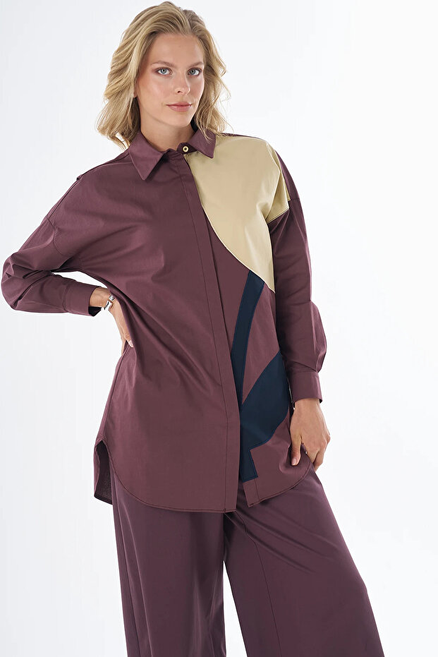 Fabric Garnished Cotton Tunic Burgundy