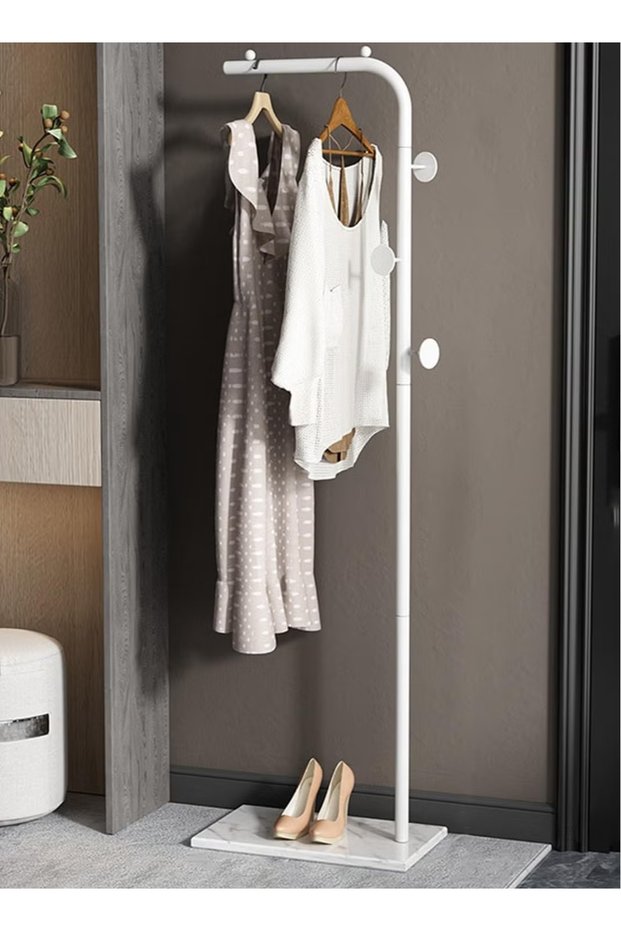 Floor Coat Rack for Home Entryway, Office and Bedroom, Metal Coat Rack with Hooks and Stable Base, L Shaped Coat Hanger Stand for Clothes, Hats and Bags (White)