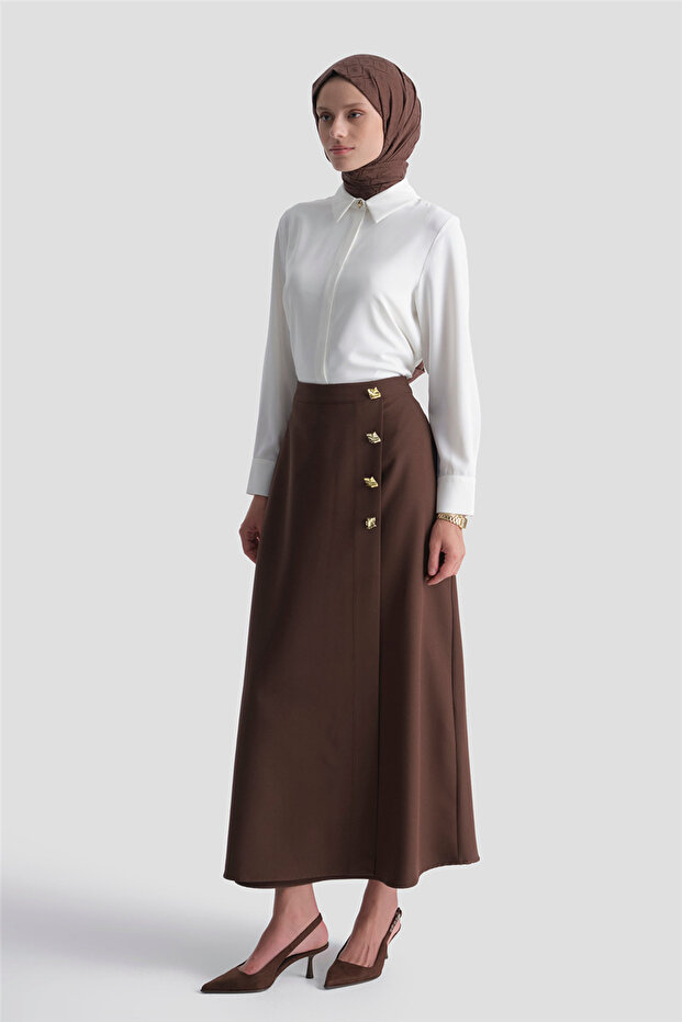 Button Detailed Double-Breasted Skirt Bitter Brown