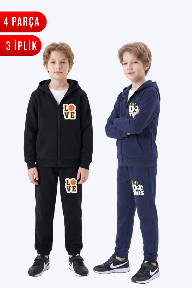 3 Thread Printed Boys' Zippered Hooded 2-Piece Tracksuit Set 4 Pieces